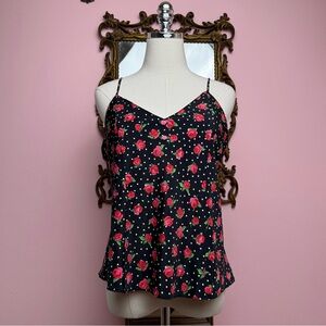 Vintage 90’s Black White Pink Polka Dot Floral Rose Pattern Cami Camisole Large
